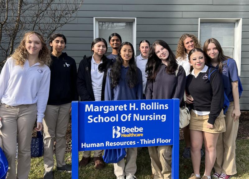 Sussex Academy students learned about potential careers Dec. 17 at the Margaret H. Rollins School of Nursing at Beebe Healthcare. Gathered are (l-r) Caroline Spicer, Simrah Ahmer, Melanie Felipe-Ramirez, Jayani Boopathi, Jaline Mazariegos-Borrayes, Emma Millman, Kaylie Pederson, Gabrielle Yablonski, Ava Huerta and Caitlin Redick. SUBMITTED PHOTOS